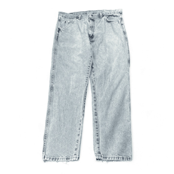 Vintage Wrangler Jeans Mens 36x28 Blue Light Wash 90s Straight Leg Distressed - Picture 1 of 9